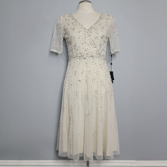 Adrianna Papell | Beaded Short Sleeve Tea Length Formal Dress - Picture 3 of 16